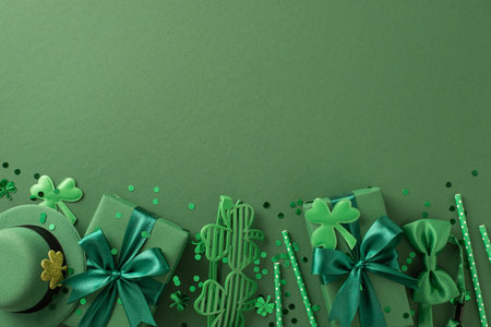 St. Patrick's Day celebration setup featuring shamrocks, green boxes with ribbons, and festive decorの写真素材
