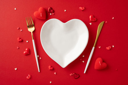 A beautiful Valentine's Day table setting with a heart-shaped plate on a red backgroundの写真素材
