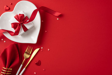 Elegant red and white Valentine's-themed table arrangement featuring heart-shaped plate, gift box, and golden cutleryの写真素材