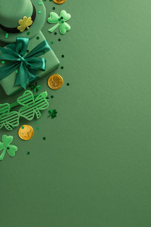 Festive Saint Patrick's Day composition featuring green clovers, leprechaun hat, golden coins, and giftsの写真素材