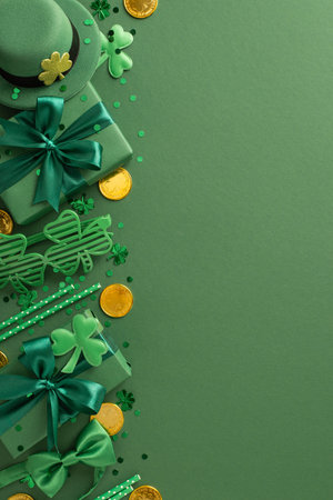 Decorative St Patrick's Day layout featuring vibrant green gifts, clovers, hats, coins, bows, and festive items neatly arranged on a green backdropの写真素材