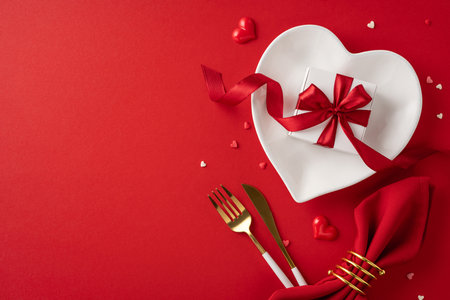 Elegant Valentine's Day table setting with heart-shaped plate, gift box, and red accentsの写真素材