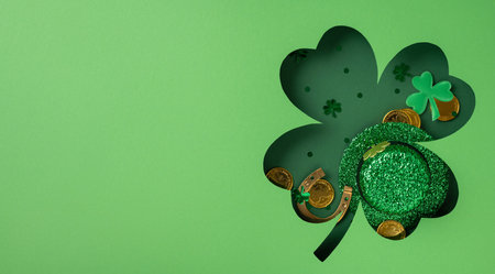 Celebrating St. Patrick's Day with themed items, including a green clover, gold coins, and lucky horseshoe on a vibrant green background symbolizing Irish culture and traditionsの写真素材