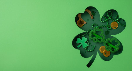 Festive green-themed St. Patrick's Day items inside a shamrock shape cutout on a backdropの写真素材