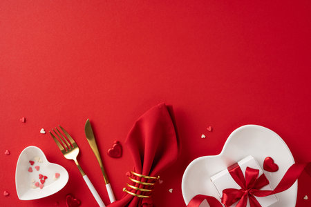 Romantic table arrangement with heart shapes, red napkin, and cutlery for special occasionsの写真素材
