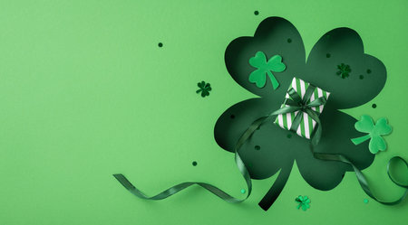 Decorative green background featuring a small gift box with ribbons amidst shamrock motifsの写真素材