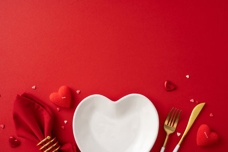 Heart-shaped plate with cutlery and romantic accents, set on a red table surface. Perfect for Valentine's Day or romantic-themed content, illustrating love, celebration, and decorative elements.の写真素材