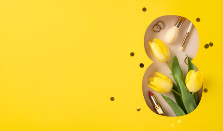 Yellow tulips arranged with cosmetics and jewelry on a yellow number eight print designの写真素材