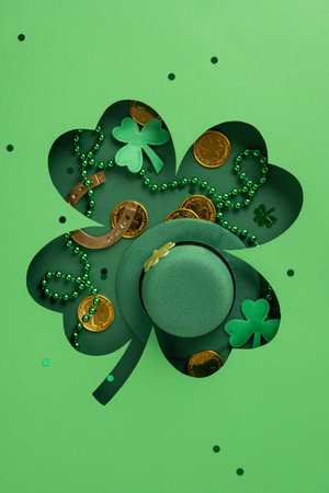 Holiday vertical themed composition featuring a shamrock cutout, gold coins, and green ornaments representing St. Patrick's Day festivity and Irish cultureの写真素材