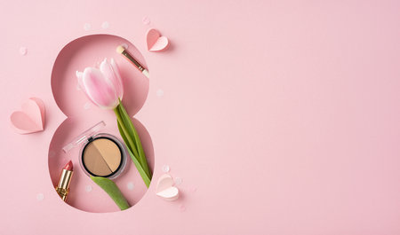Pink themed composition featuring a tulip, makeup items, and heart-shaped design elements.の写真素材