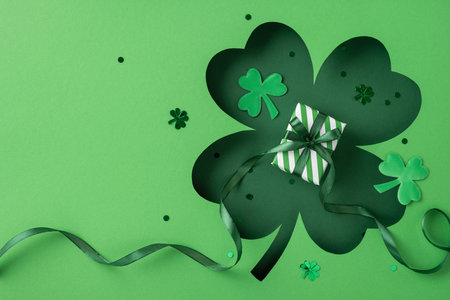 Festive setup featuring a green St. Patrick's themed gift box surrounded by clovers and decorationsの写真素材