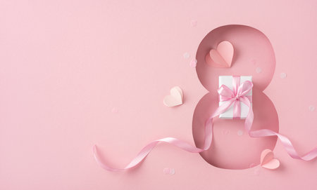 Creative eight-shaped design featuring a gift with ribbons and heart smalls on pink backgroundの写真素材