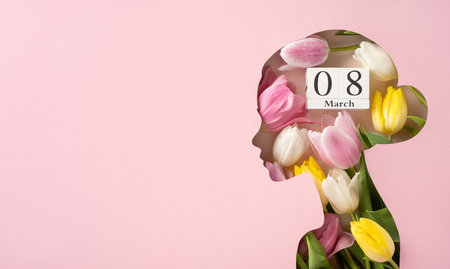 Colorful tulips create a silhouette of a woman with a March 8 calendar date. Celebrates International Women's Day, showcasing growth, positivity, and femininity.の写真素材