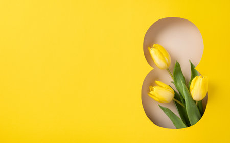 Vivid arrangement of fresh yellow tulips on a vibrant yellow background, symbolizing spring and Women's Dayの写真素材