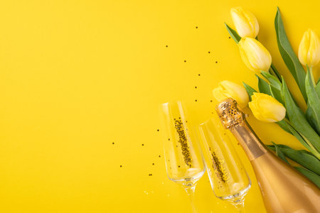 Celebratory arrangement featuring tulips, champagne bottle, and glasses on a bright yellow backdrop creating a warm and festive feelの写真素材