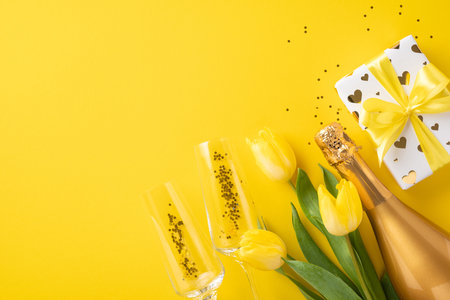 Cheerful arrangement featuring fresh yellow tulips, sparkling champagne bottle, festive gifts, and glasses on vibrant yellow background celebrating joy, gifting occasions, love, and happinessの写真素材