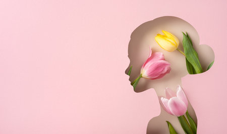 Artistic composition featuring a floral silhouette design with tulip flowers and soft pink tonesの写真素材