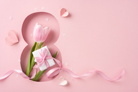 A pink tulip with a ribboned gift symbolizes Women's Day in a beautiful aesthetic sceneの写真素材