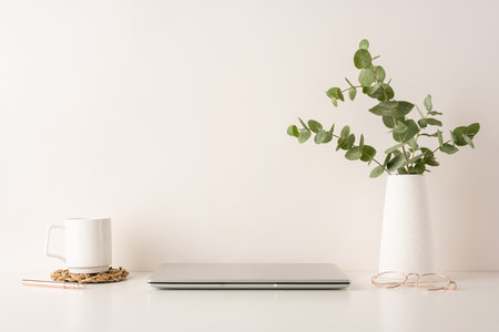 A neat and calming workspace setup featuring a laptop, coffee mug, pen, and pottery vase with eucalyptus. Perfect for minimal aesthetic enthusiasts and remote work productivityの写真素材