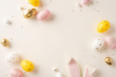 Easter decorations featuring pastel and gold eggs with patterns arranged artistically on a neutral backgroundの写真素材
