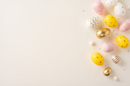 A festive layout of golden, yellow, and pastel-colored decorated Easter eggs on a neutral background conveying joy and celebrationの写真素材