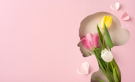 Conceptual image of floral silhouette on a pink background conveying beauty and creativityの写真素材