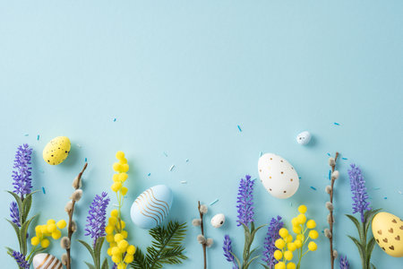 Decorative Easter eggs and spring blossoms arranged on a pastel background for seasonal themesの写真素材