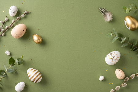 Green background with decorative Easter eggs scattered alongside natural elements representing springの写真素材
