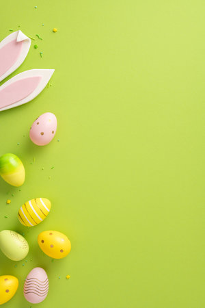 Decorative vertical Easter eggs with various patterns and bunny ears arranged on vibrant green backgroundの写真素材