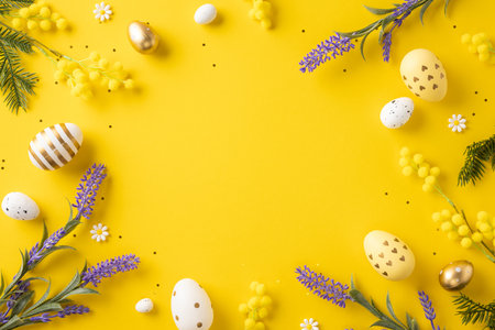 Festive yellow background featuring Easter-themed elements, including painted eggs, lavender, and foliageの写真素材