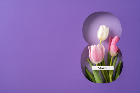 Pink and white tulips placed in a paper cutout, symbolizing Women's Day celebration and eleganceの写真素材