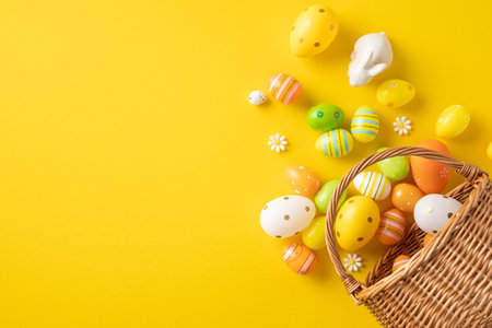 Vibrant Easter eggs spilling from a wicker basket, placed on a yellow backdropの写真素材