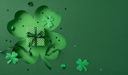 Festive green gift box adorned with polka dots and surrounded by shamrock shapes, evoking the joyful and lucky spirit of St. Patrick's Day celebrationsの写真素材