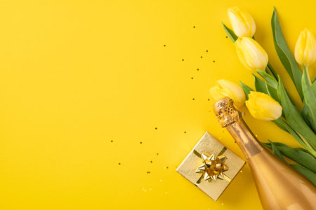 Festive arrangement showcasing a bouquet of yellow tulips with champagne and gift boxの写真素材