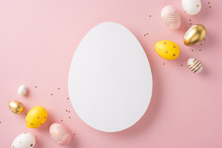 Colorful Easter eggs arranged on a pastel pink background creating a cheerful ambianceの写真素材