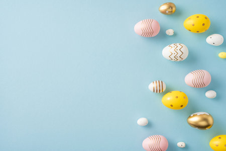 Colorful and decorative Easter eggs with patterns arranged on a pastel blue backdropの写真素材