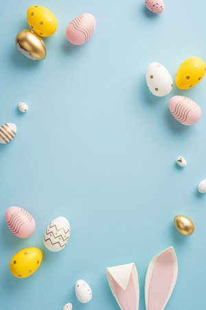 Decorative vertical Easter eggs in pastel shades and bunny ears arranged on a blue backgroundの写真素材