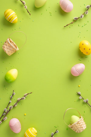 Easter vertical decorations including painted eggs, wicker baskets, and willow branches on a green surfaceの写真素材