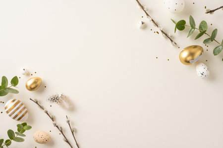 Arrangement of golden and speckled Easter eggs with greenery and branches for celebrationの写真素材