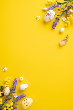 Easter-themed vertical flat lay featuring decorative eggs, floral elements, and a vibrant yellow backdropの写真素材