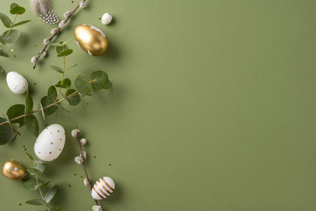Decorative Easter eggs in various designs scattered on a surface with green leavesの写真素材