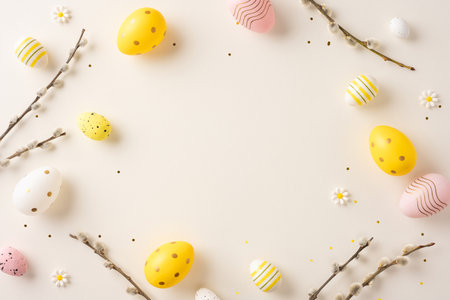 Colorfully decorated Easter eggs arranged with small flowers and branches on a pastel surfaceの写真素材