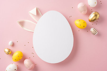 Easter themed design featuring pastel-colored eggs, golden details, and a white space for textの写真素材
