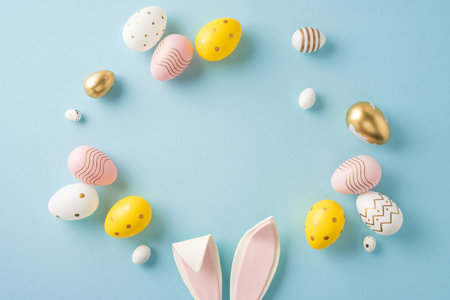Decorated pastel-colored Easter eggs form a circle with bunny ears on a blue backdropの写真素材