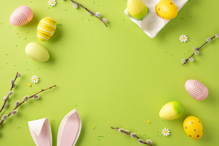 Bright Easter arrangement featuring decorated eggs, floral accents, and festive details on greenの写真素材