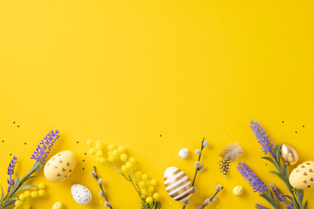 Easter decorations featuring painted eggs, flowers, and festive accents on a yellow backdropの写真素材