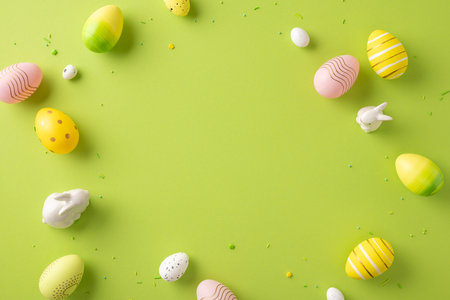 Festive Easter scene with decorative eggs and rabbit figurines arranged on a green surfaceの写真素材