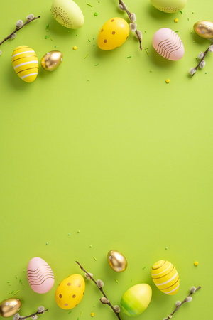 Beautiful vertical Easter eggs arranged on a green background surrounded by festive decorationsの写真素材