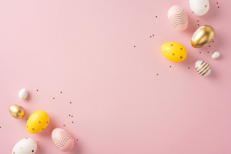 A collection of decorative Easter eggs in gold, yellow, and pastel hues on a pink background creating a festive and creative composition representing Easter celebrationの写真素材