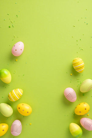 Colorful vertical painted Easter eggs arranged on a green background with seasonal decorations, perfect for holiday themesの写真素材